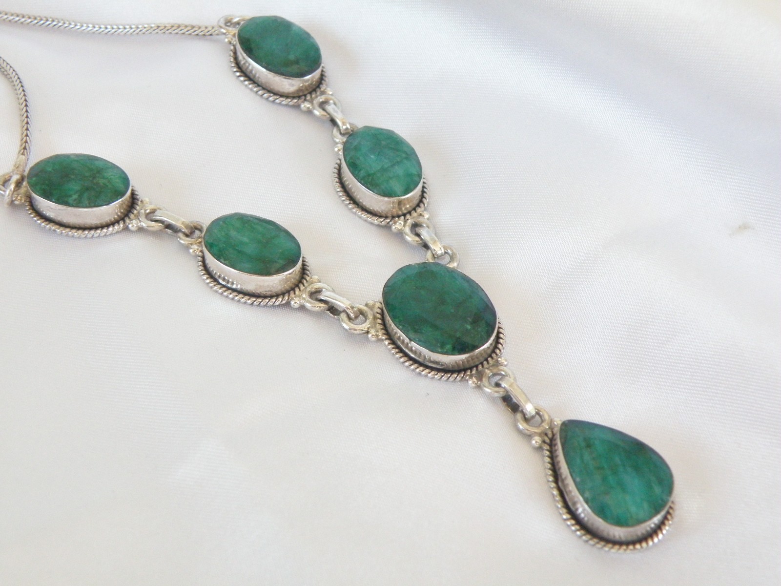 Vintage Sterling Silver 925 Large Natural Raw Emerald Statement Necklace 19″