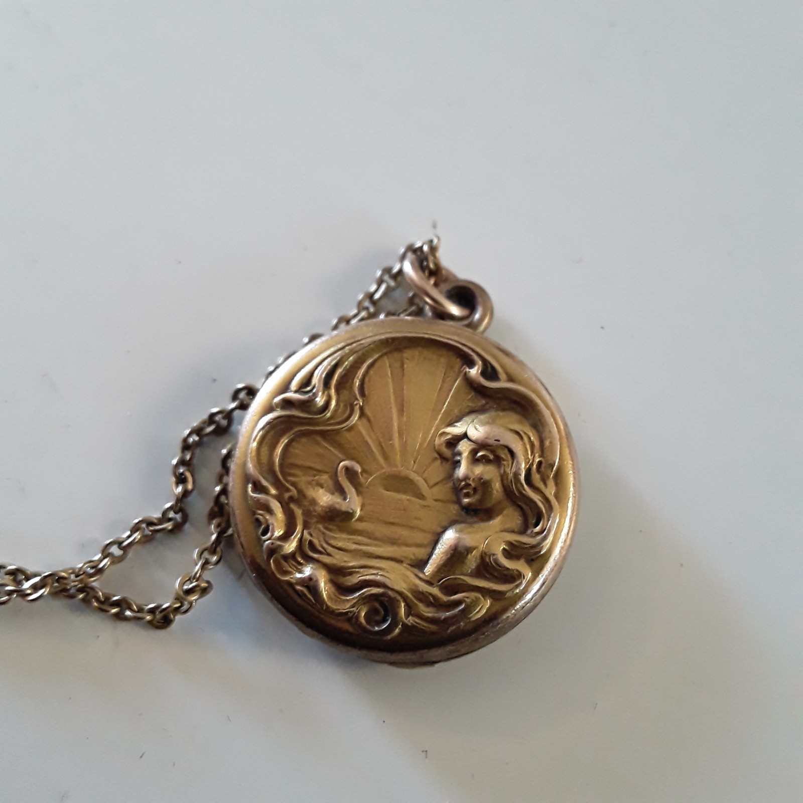 Art Nouveau Lady Locket Pendant & Chain Goddess Swan Rising Sun Gold Filled C&QR