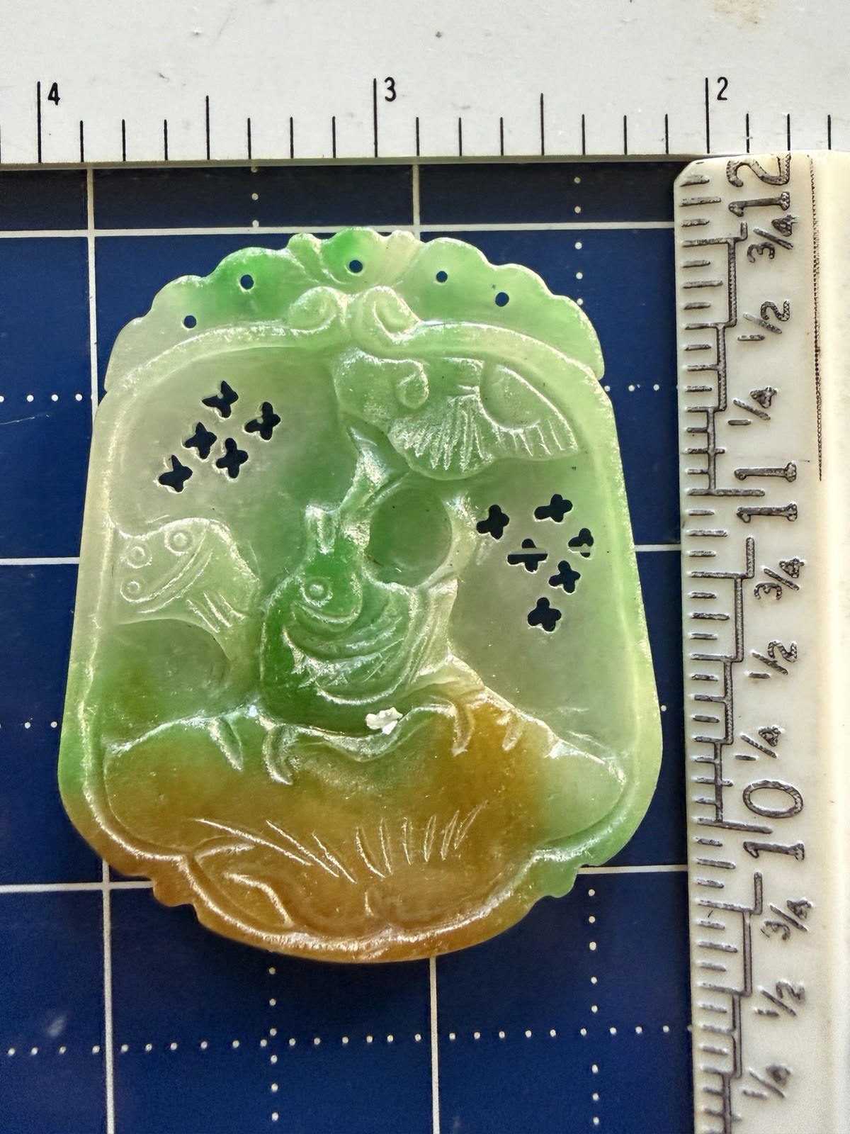 Chinese Jade Pendant, double sided carved. 2.25 x 1.8 x 0.25 inch approximately