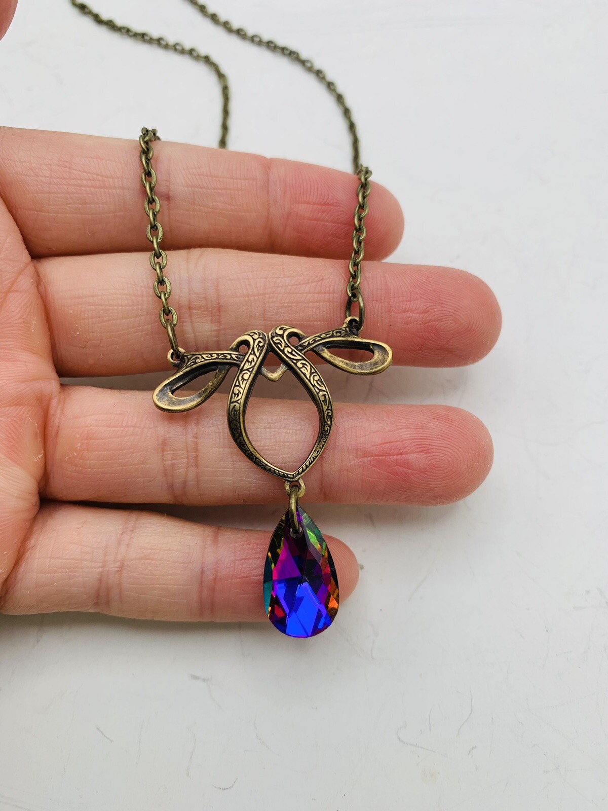 Vintage Style Art Nouveau Bronze Tone Rainbow Teardrop Bead 18 in Necklace