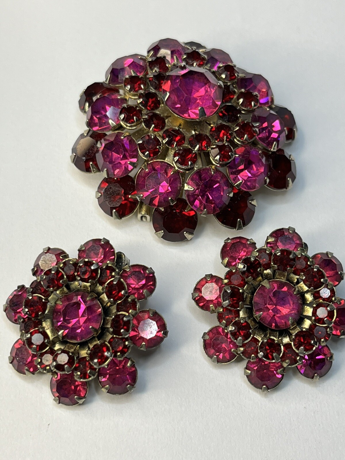 Vintage Rhinestone Dome Brooch Crystal Fuchsia Pink Red Garnet Layered Earrings