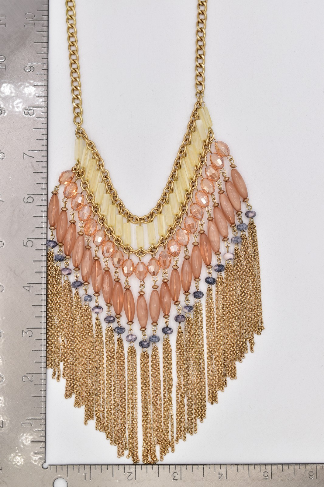 Vintage Fringe Statement Necklace Gold Peach Glass Beads Layered Boho Y2K BinBL
