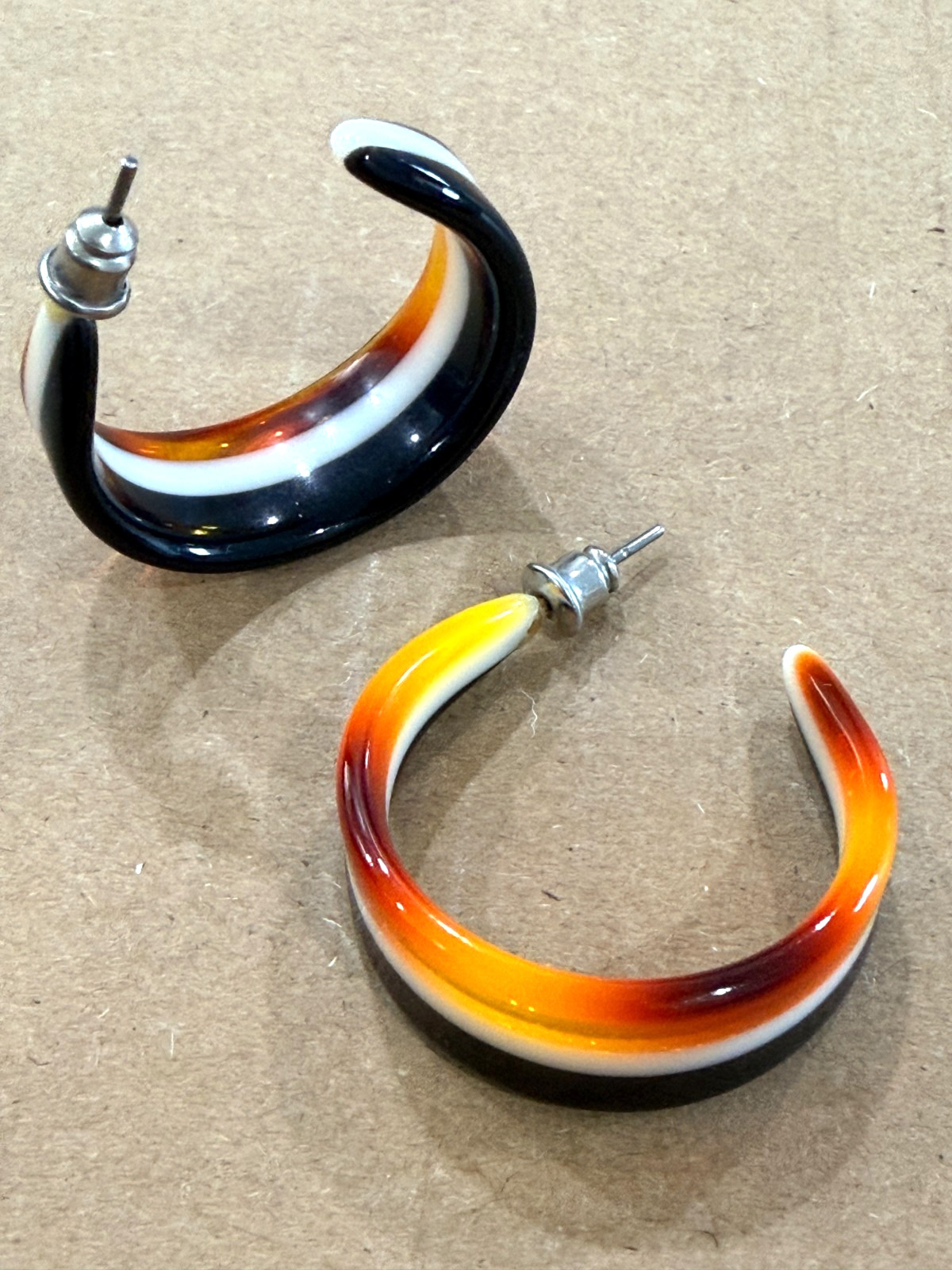 Lucite Colorful Striped Hoop Earrings Golden Yellow Orange White Brown Vintage
