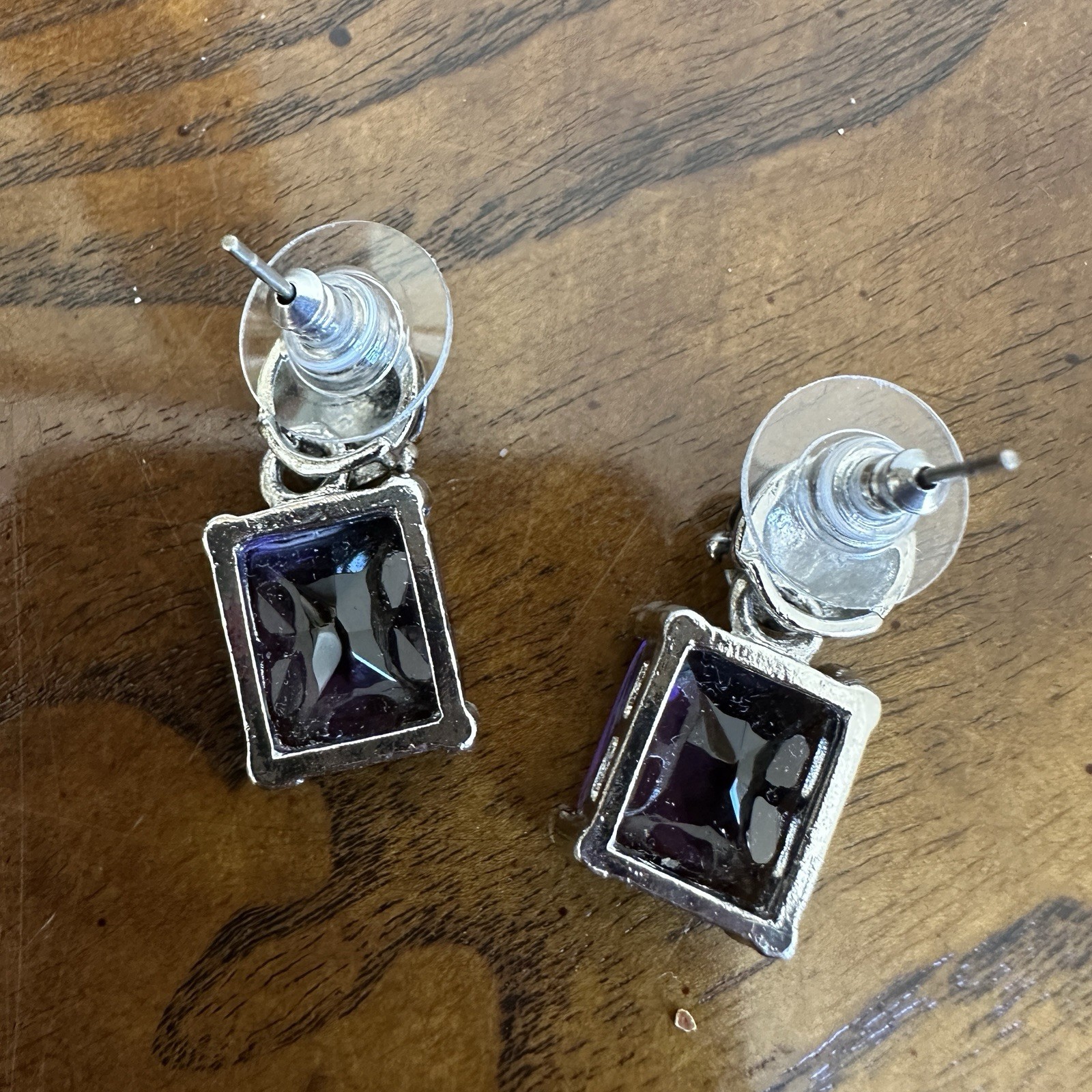Vintage Pierced Dangle Earrings 1 Inch Purple Amethyst Glass Silver Gold Floral