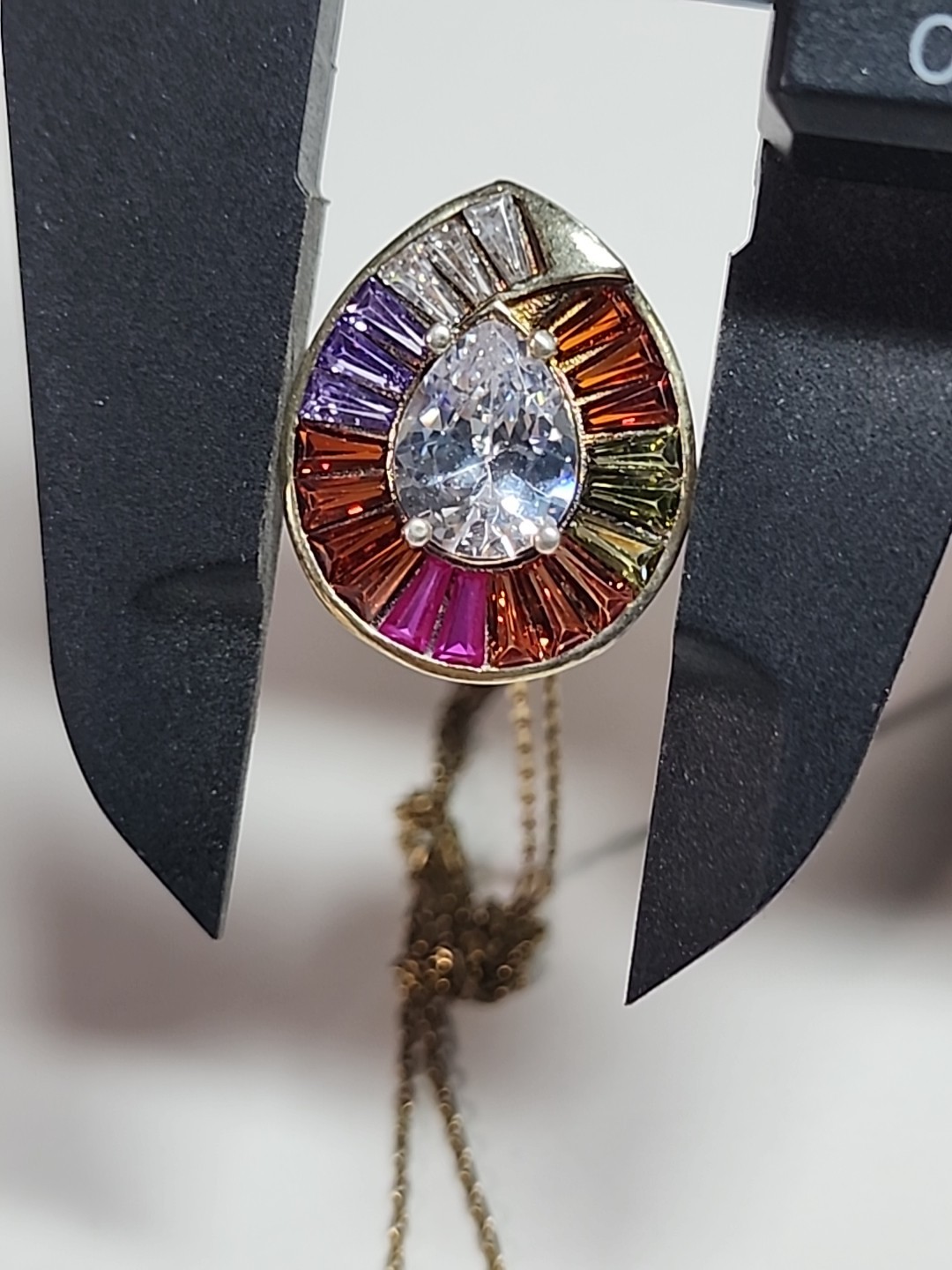 Rainbow Cluster Stones Teardrop Pendant Gold Over .925 Silver 17.5″ Necklace