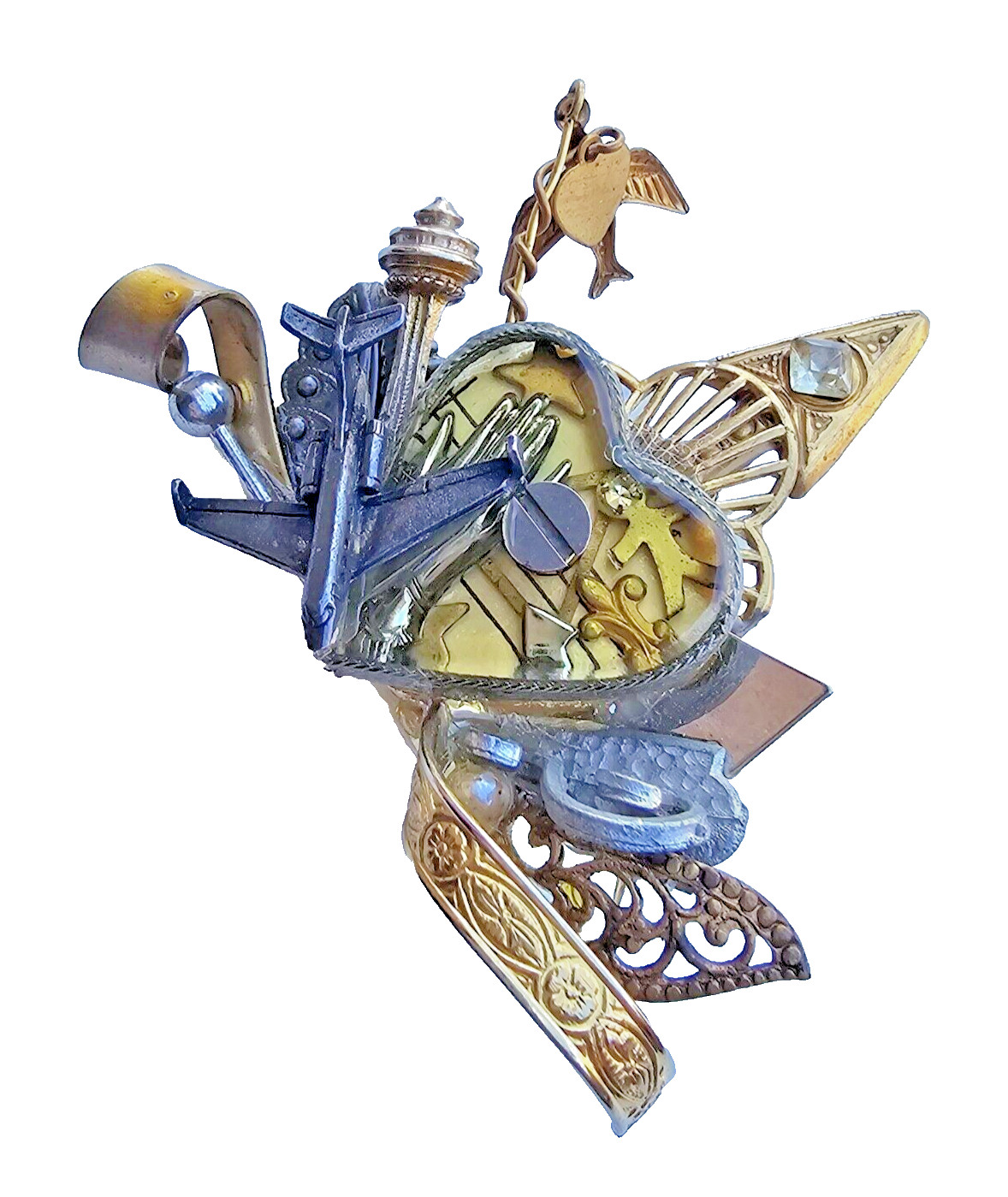VTG Maximal Art – John Wind – Travel Plane Heart Hand Bird Dangle Brooch Pin