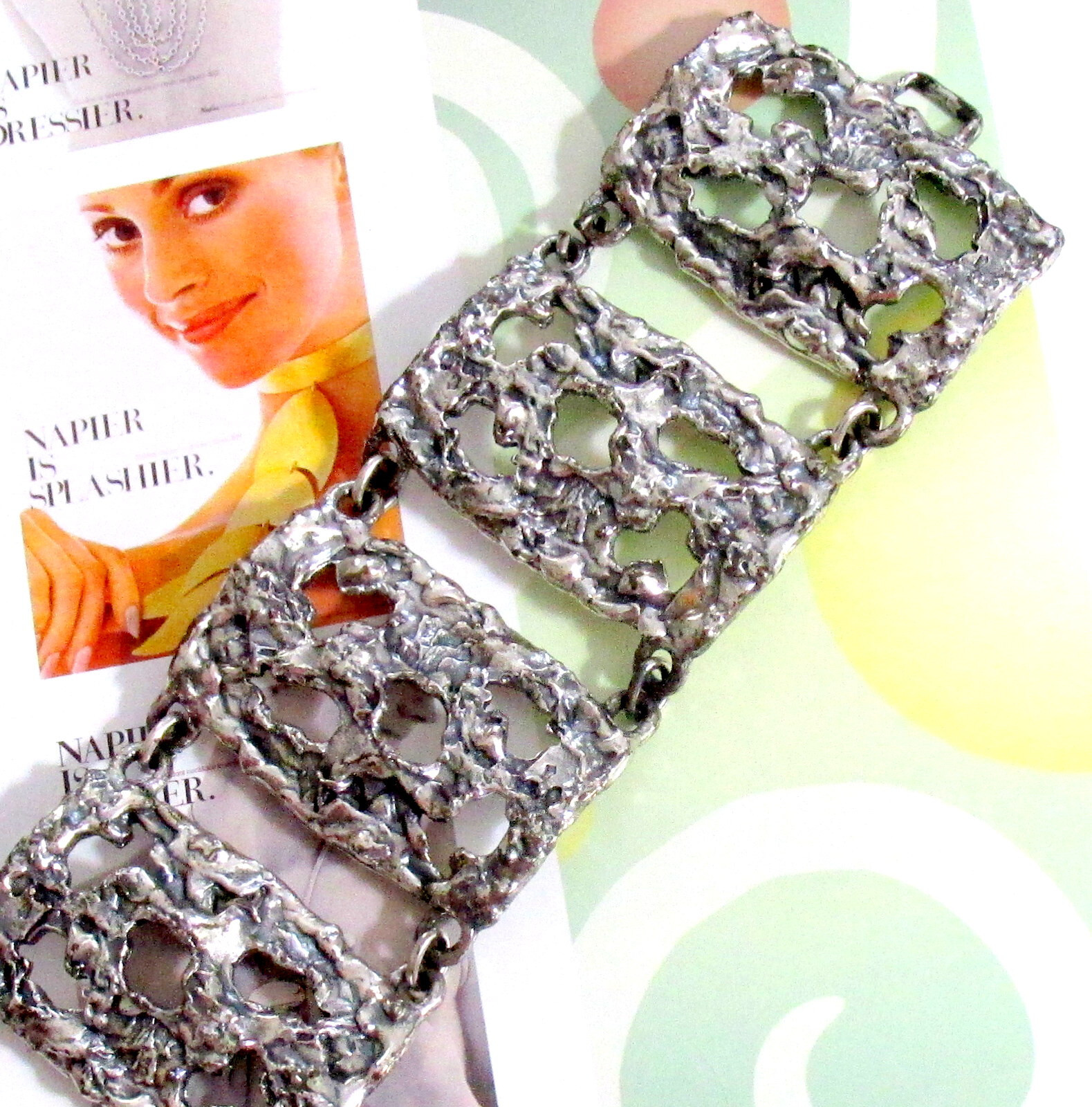 VTG RUNWAY EDGY NAPIER BRUTALIST SILVER BOOK PIECE BRACELET ’72 “MOLTEN METAL”