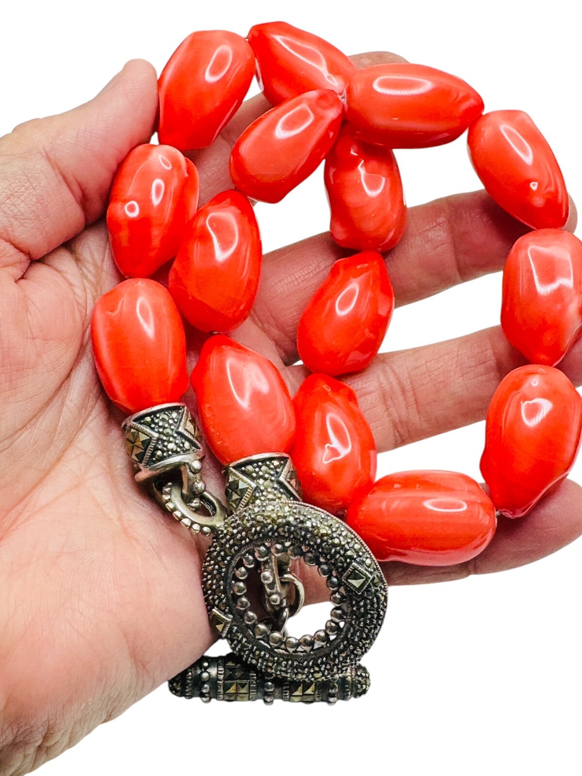 Sterling Silver Red Stone Marcasite Necklace Large Toggle Clasp 18″