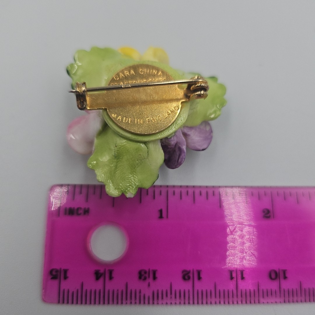 Cara China Staffordshire Pansy Purple, Pink & Yellow Brooch Pin Signed England