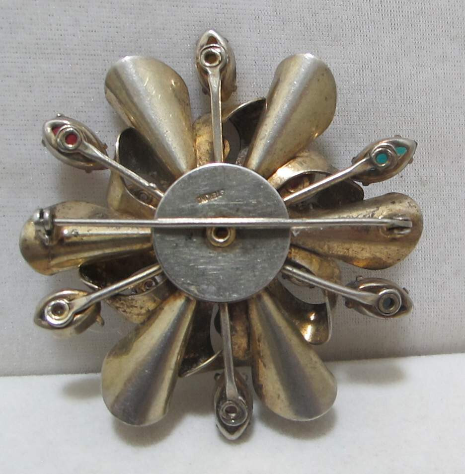 Vtg 2-3/8” Gold-Plated Sterling Layered Brooch Multi Color Rhinestones 30 Grams