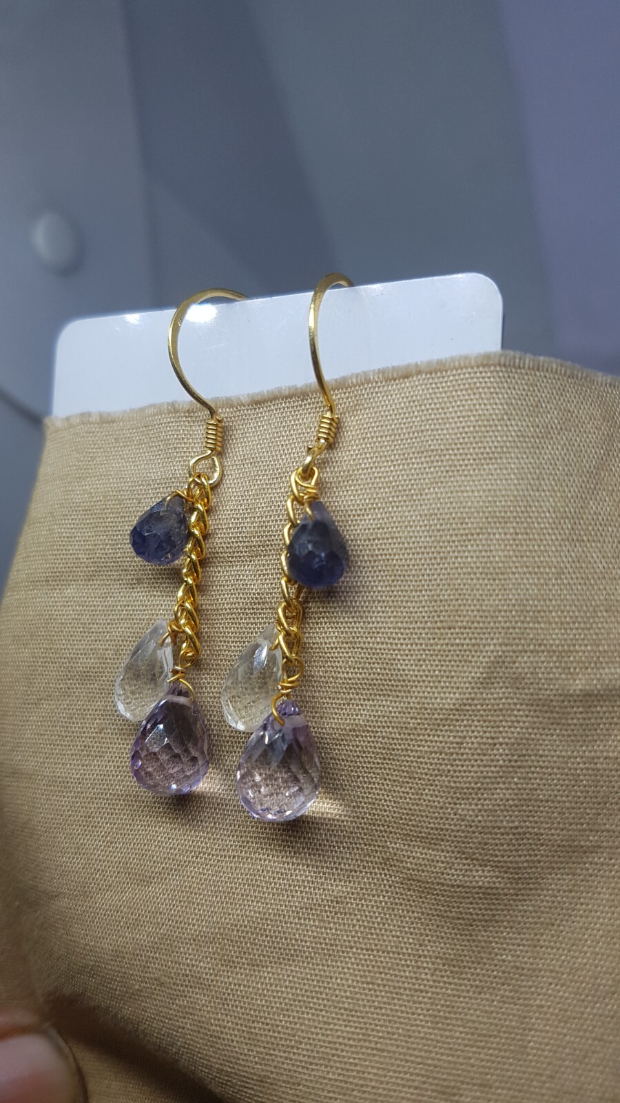 Iolite pink amethyst Clear quartz gemstone 925 sterling silver earrings jewelry