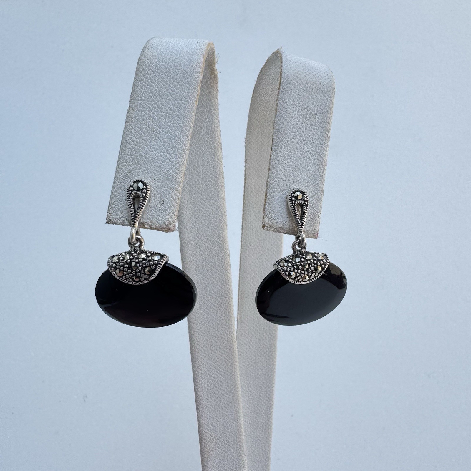 Vintage 925 Sterling Silver Black Onyx Marcasite Dangle Earrings Signed R