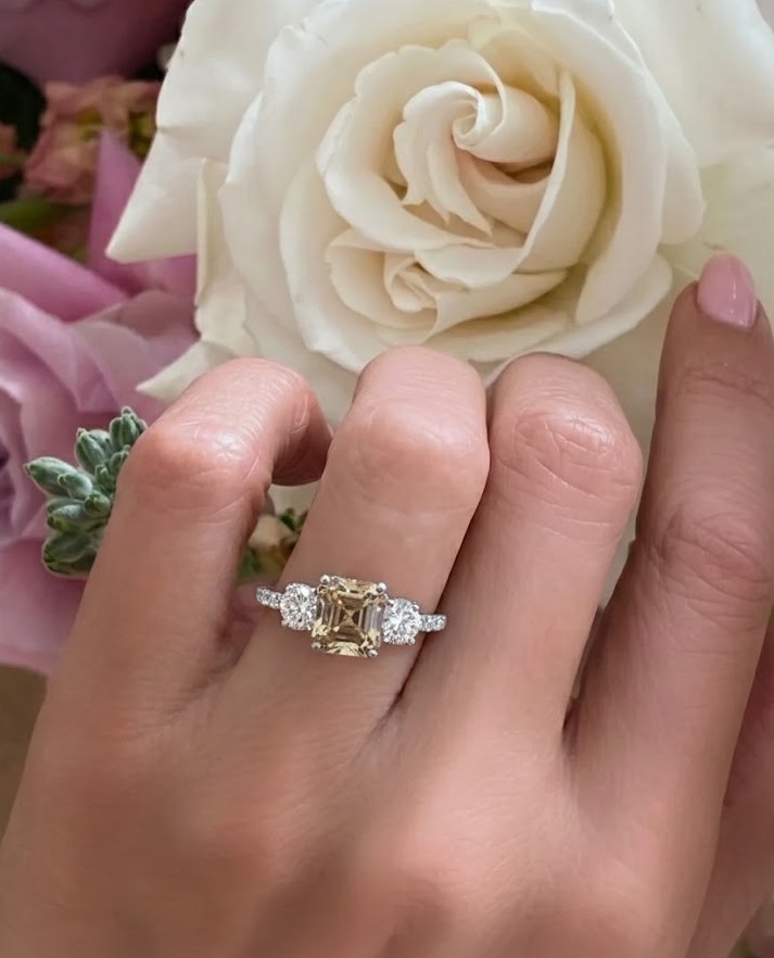 14k White Gold Vintage Engagement Ring 2.06ct. Champagne Diamond Asscher Cut