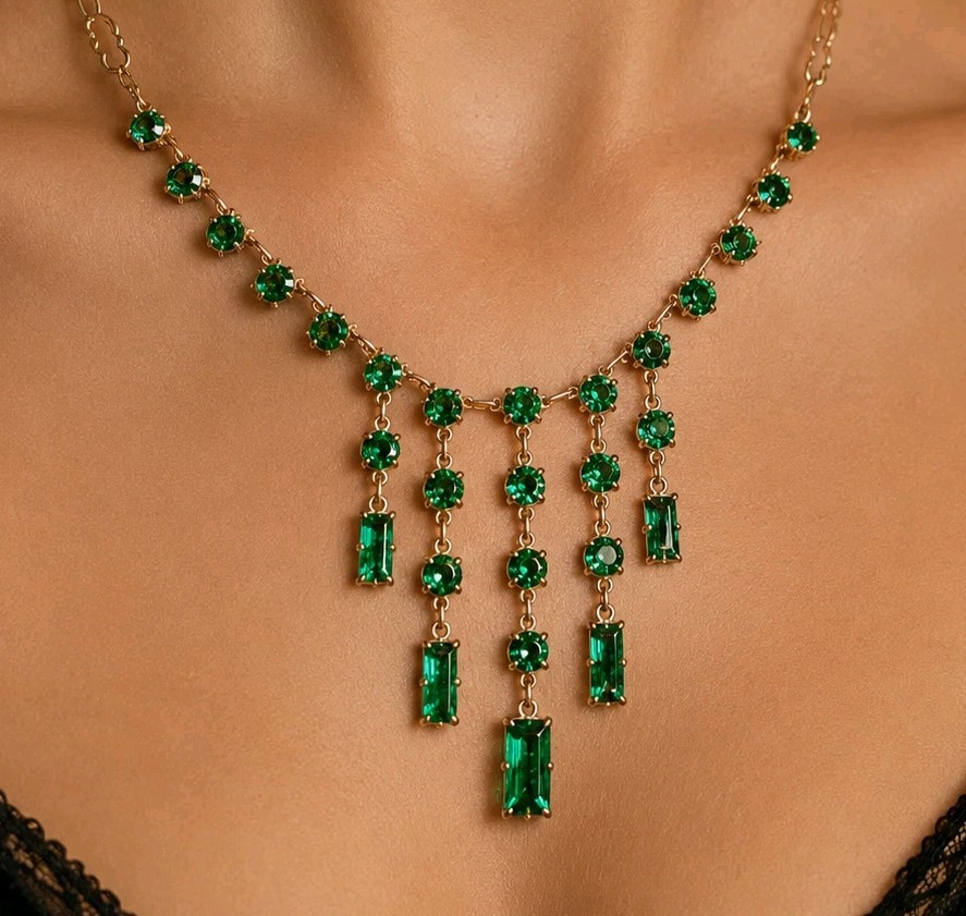 Vintage Art Deco Revival Green Glass Festoon Bib Necklace Gold Tone Fringe Drops