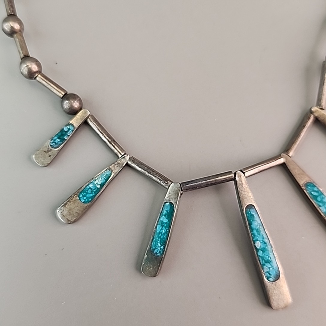 Vintage Mexican Necklace Sterling Silver Turquoise Chip Inlay Fringe Eagle 2