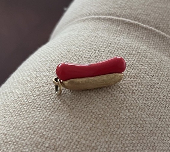 Avon Signed 1975 Hot Dog Gold Red Charm 1” “Put On The Dog” Enamel Pendant