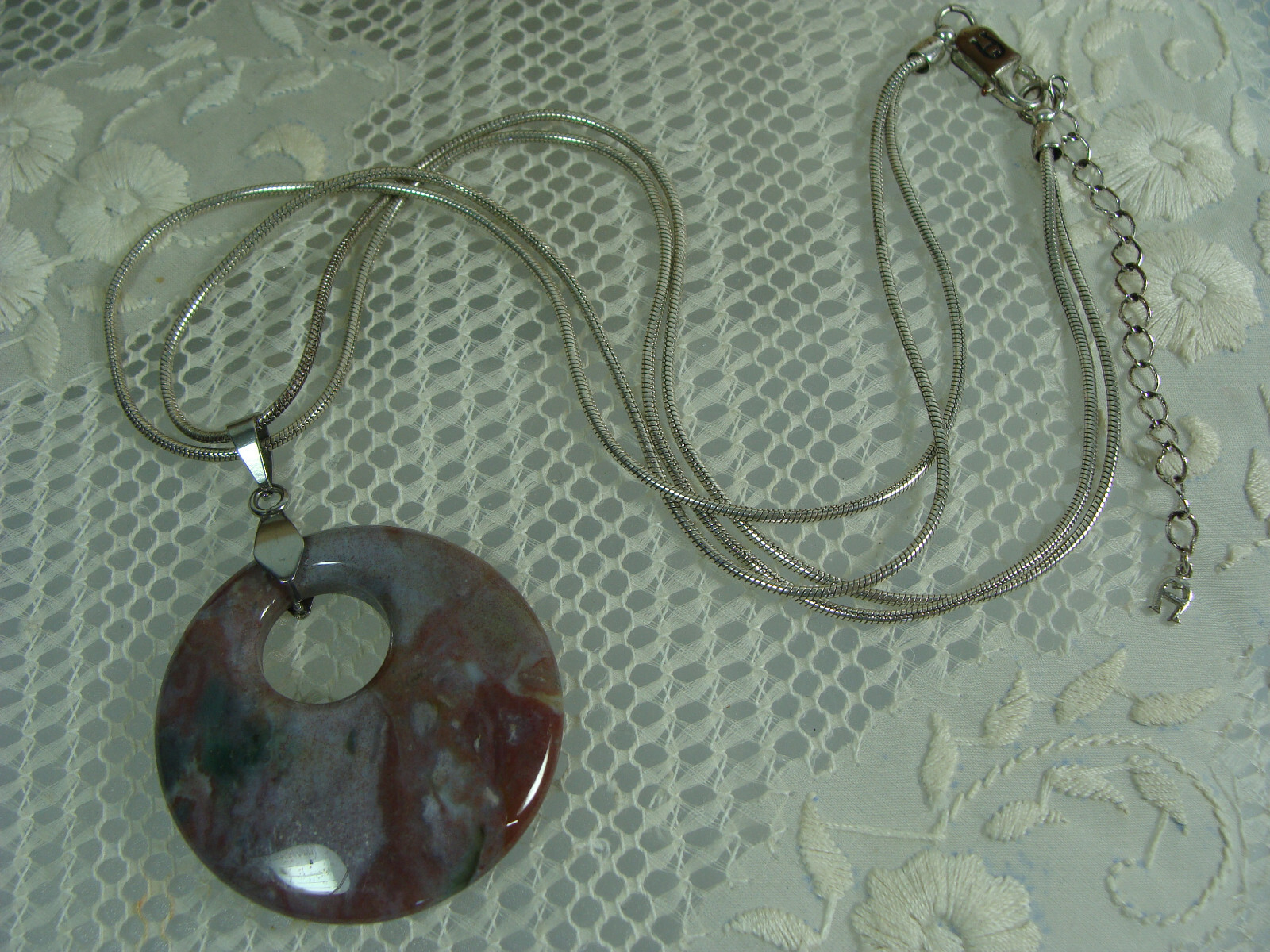 AC Double Strand Silver Tone Chain Round Disk Quartz Stone Boho Pendant Necklace