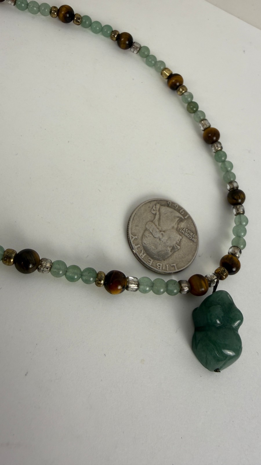 Green Aventurine & Tiger’s Eye Beaded Necklace | Carved Stone Frog Pendant 18″