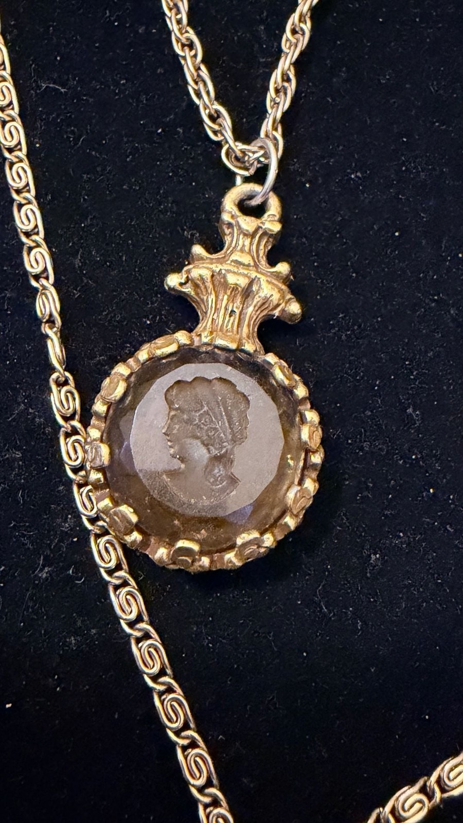 Vintage Goldette Multi-Strand Necklace with Intaglio Cameo Fob and Oval Locket