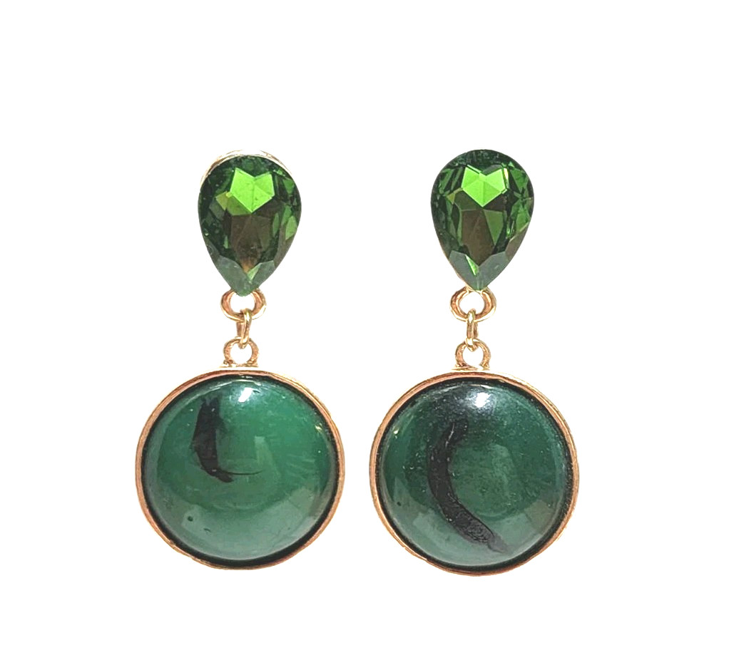 Vintage Green Faux Stone Rhinestone Gold Tone Dangle Earrings Teardrop Round GUC