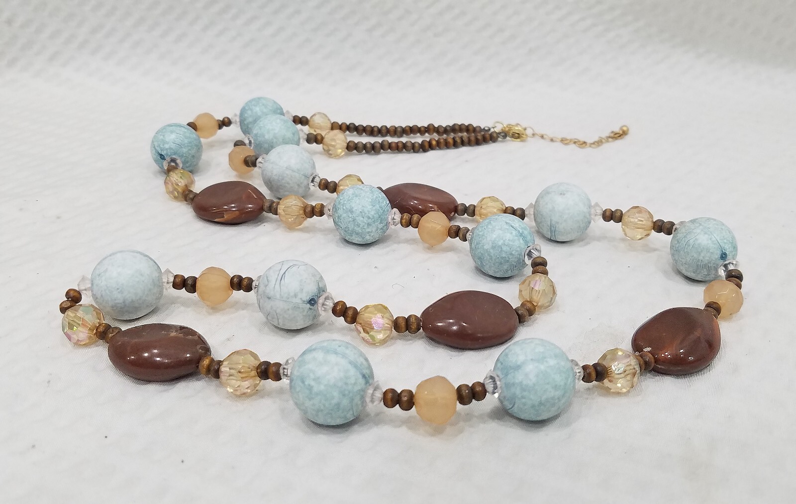 Acrylic Brown Beige Crystal Pale Aqua & Brown Seed Bead 36″ Long Necklace