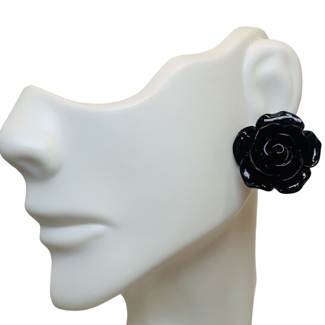 Black Rose Earrings Flower Button Stud 1″ Pierced Lucite Gothic Punk Indie