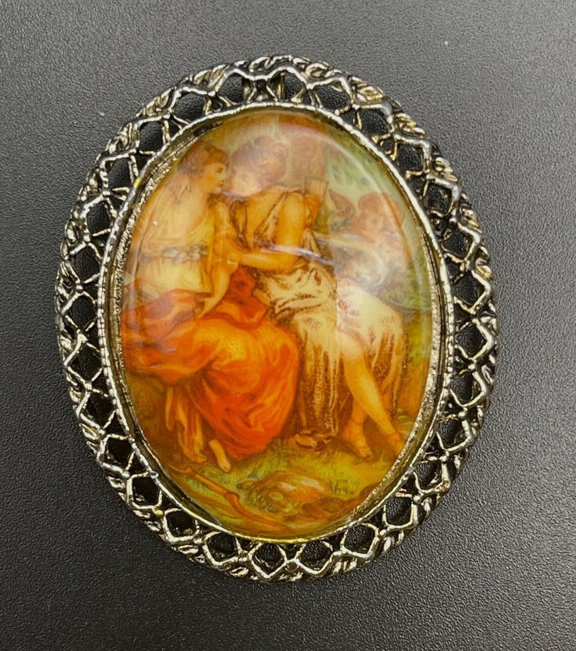 Vintage Victorian Scene Pin Pendant Gold Tone Metal From A Kit 1960s