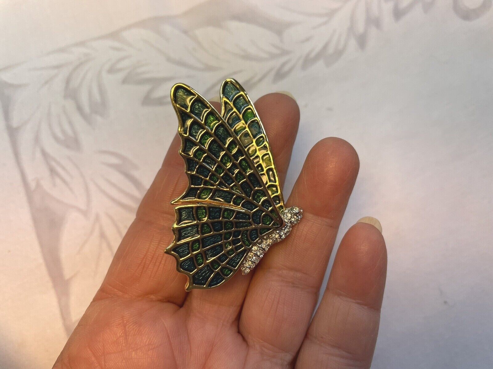 KJL KENNETH JAY LANE SIGNED Gold tone PEACOCK BUTTERFLY BROOCH with Crystals