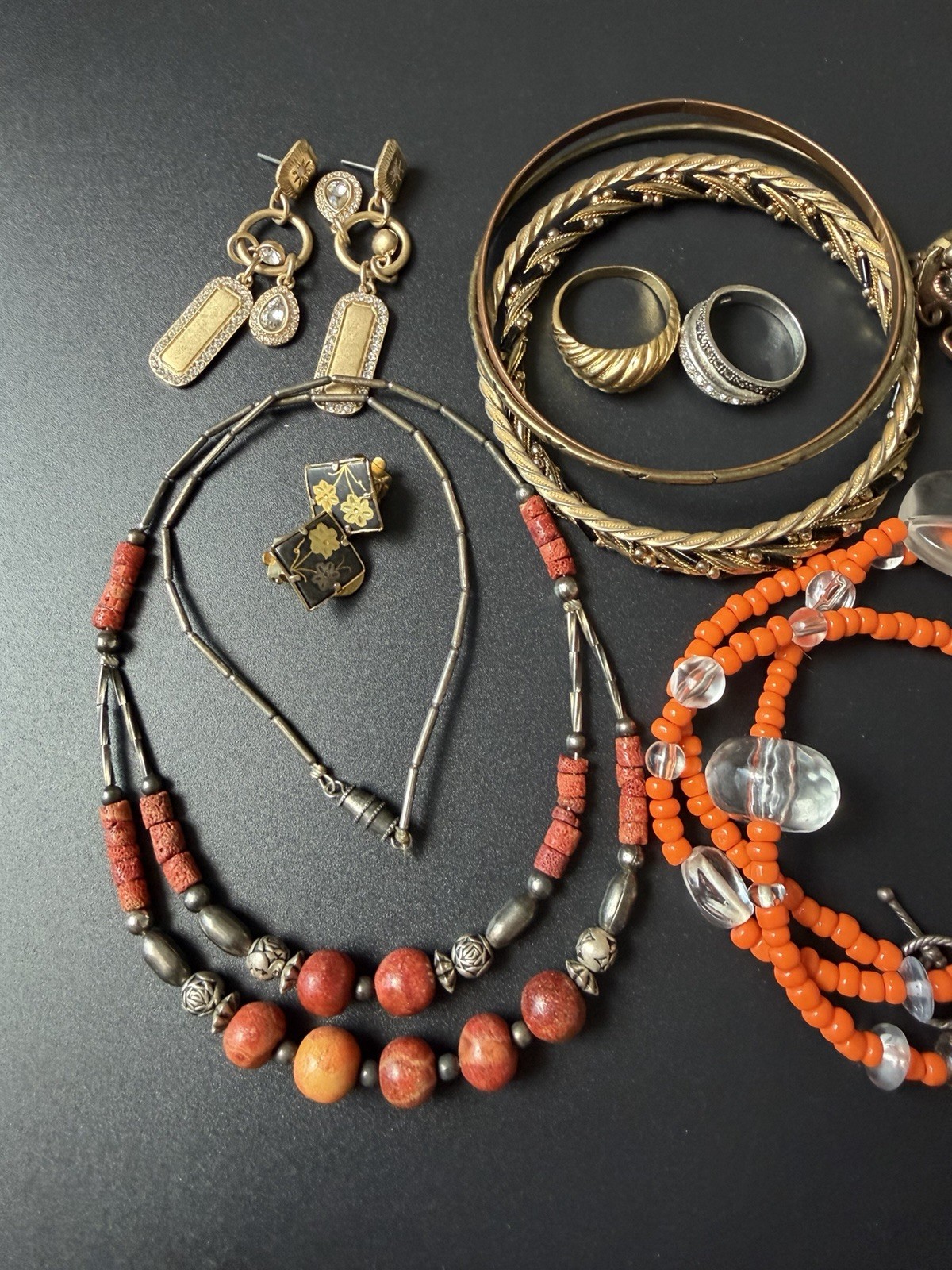 Vintage jewelry lot craft harvest necklace ring earrings and more.