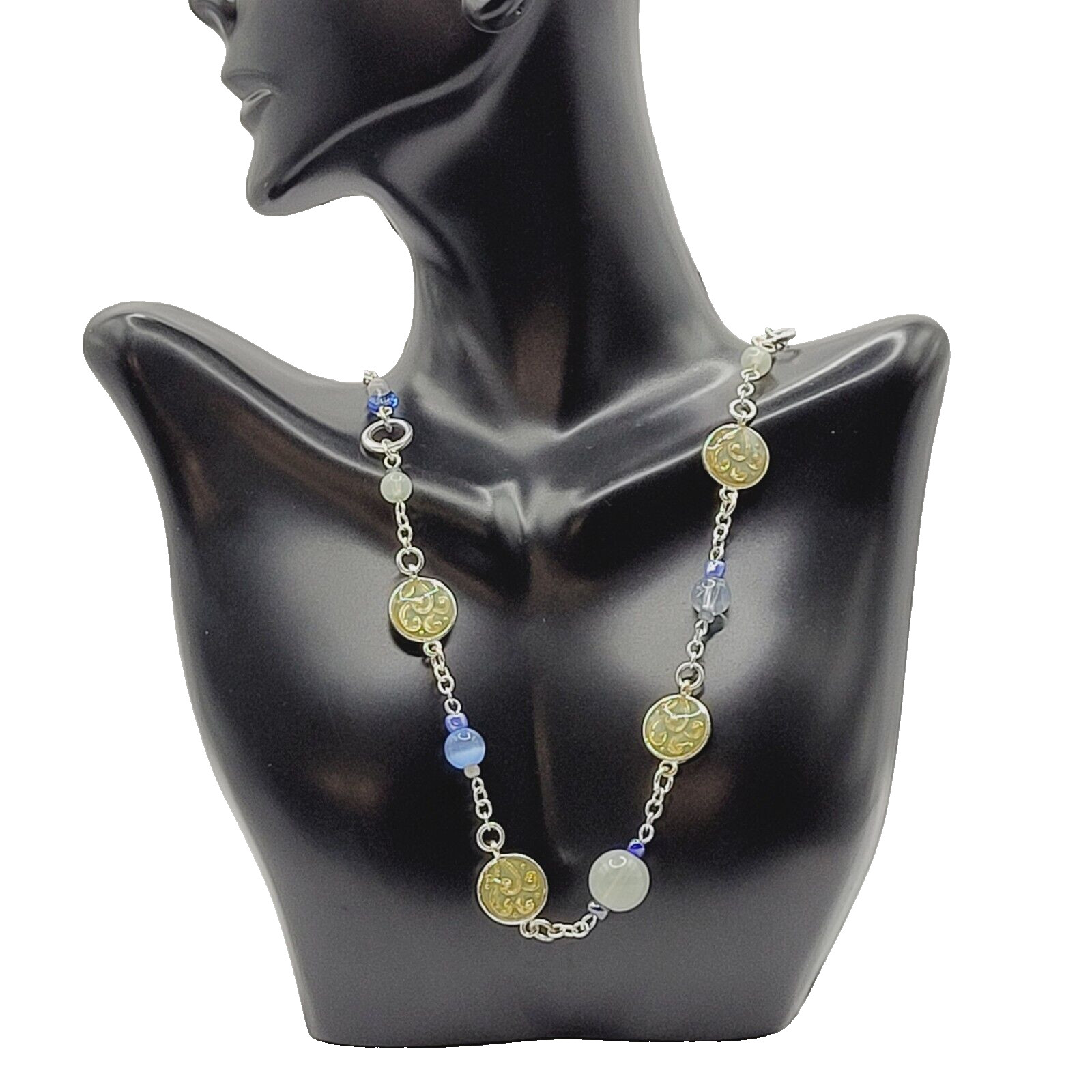 Blue & White Moonstone with Glass & Enamel Silver Tone Chain Necklace KR 24 Inch