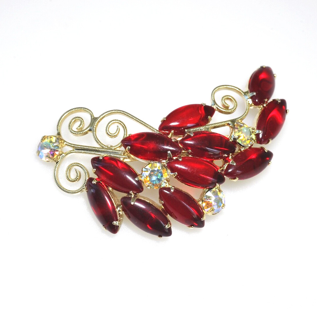 Brooch AB RED RHINESTONE FLOWER spray scroll prong open R34