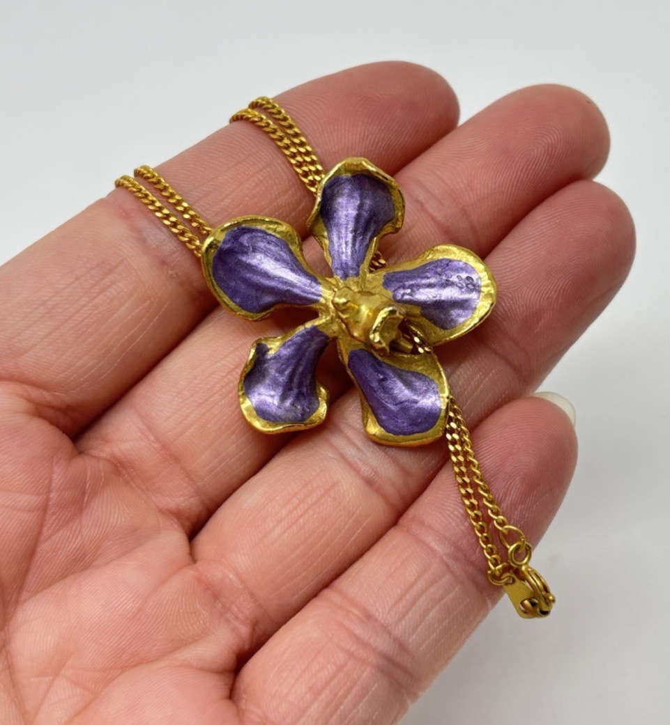 Purple Enamel Orchid Jewelry Necklace Set Pendant Bracelet Earring Pin Vintage