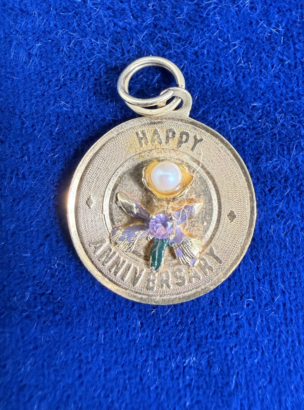 Vintage 14k Yellow Gold Happy Anniversary Charm Pearl and Gemstone