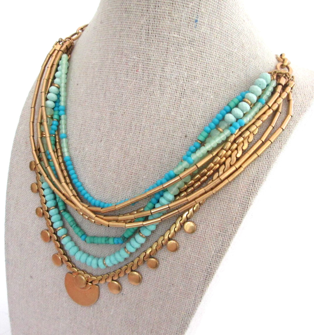 Stella & Dot Isa Convertible 3 in One Blue Bead Gold Tone Layer Collar Necklace