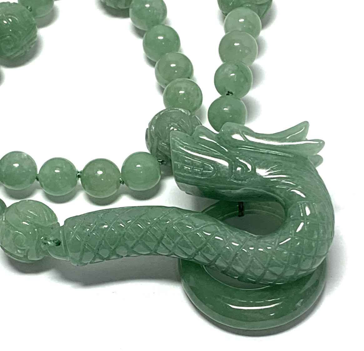 Vintage Hand-Knotted Natural Jadeite Carved Dragon Head & Balls w/ Loop Necklace