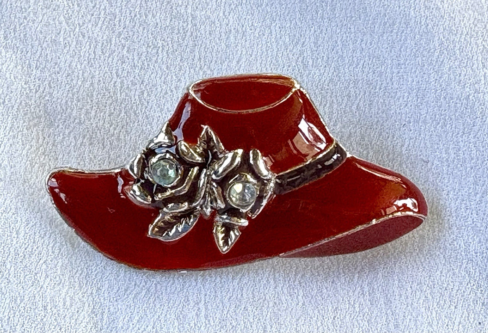 VTG Red Hat Society Enamel Brooch Pin Red Enamel Silver Tone Metal & Rhinestones