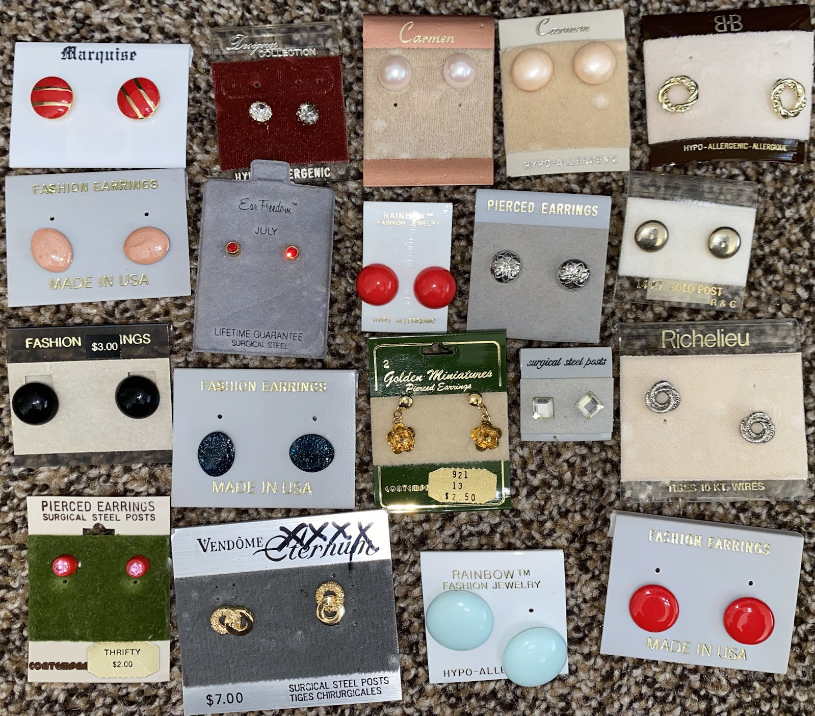 Vintage NOS lot of 19 pairs Multicolor jeweled stud pierced earrings Retro