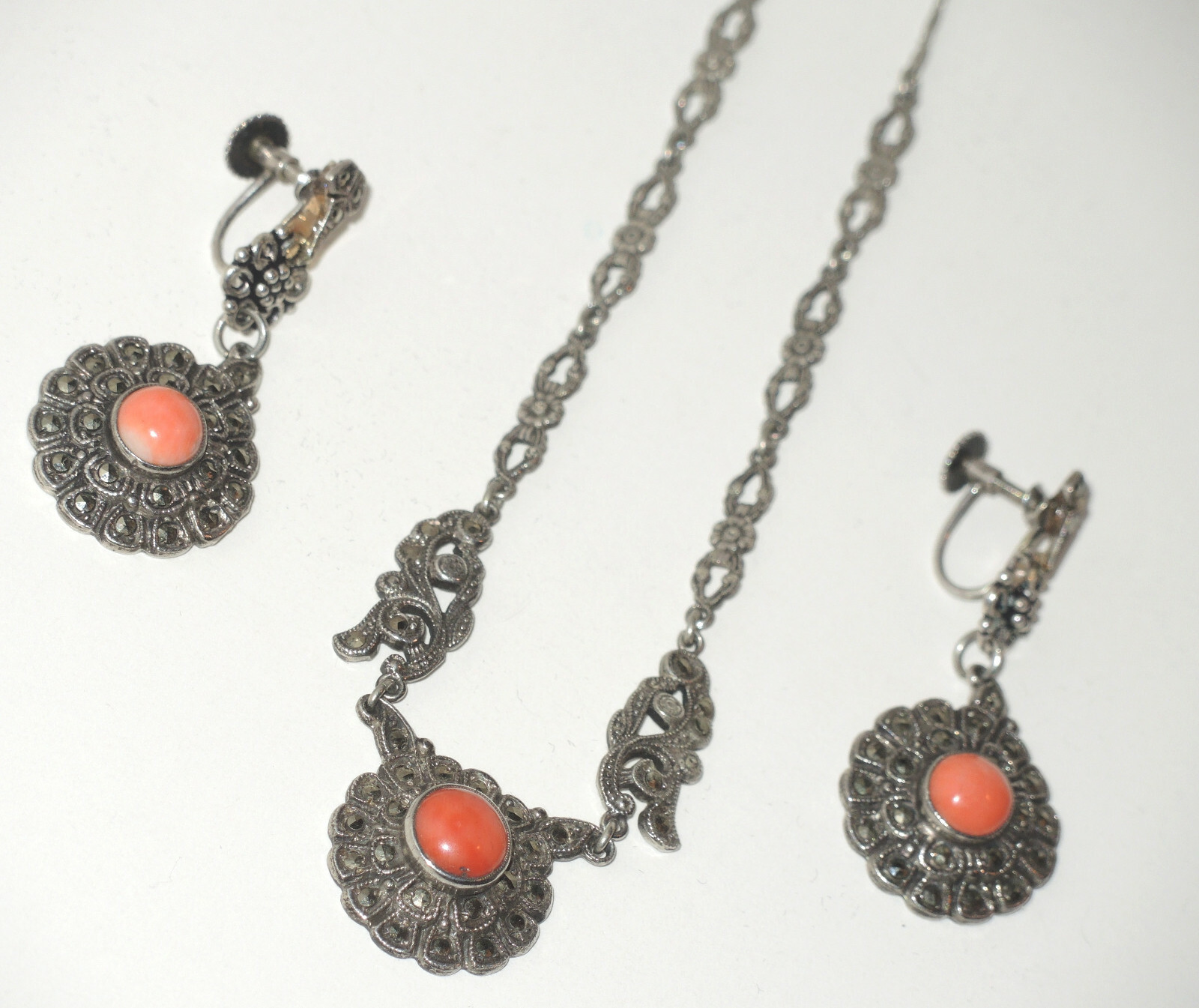 Art Deco Set Sterling Silver Germany Pendant & Earrings with Coral & Marcasites