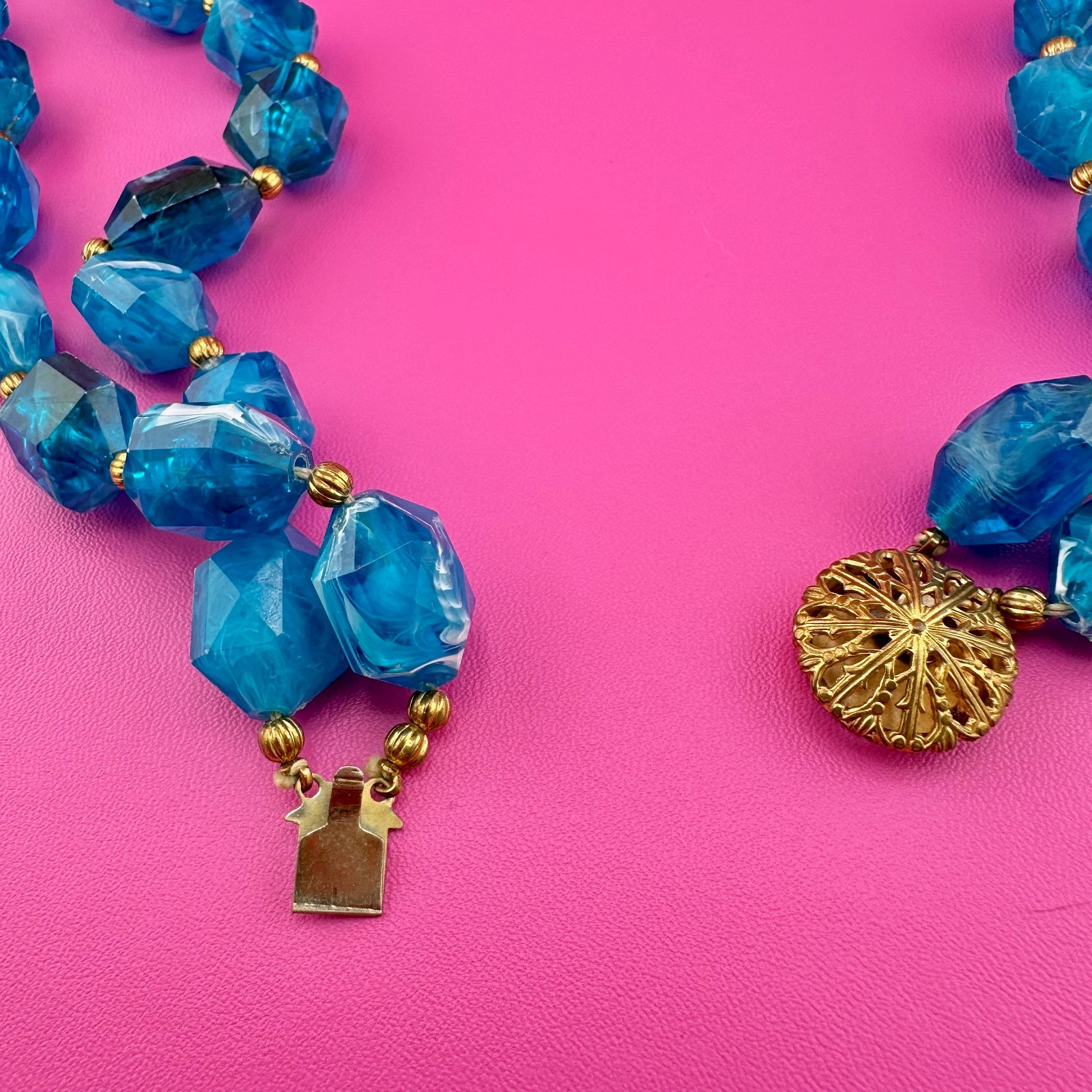 Vintage Necklace Aqua Blue Marbled Acrylic 2 Strand Filigree Clasp Faceted Bead