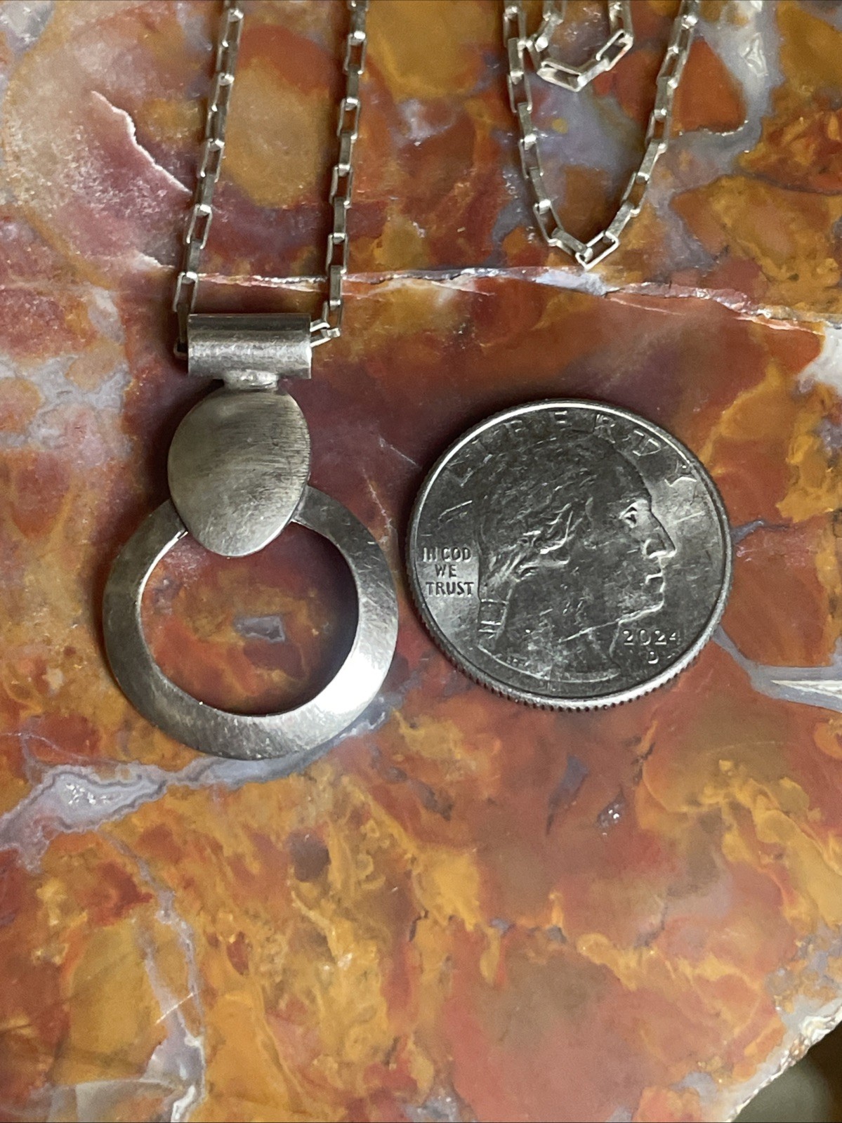 Vintage Sterling Silver Modernist Pendant Necklace 21”