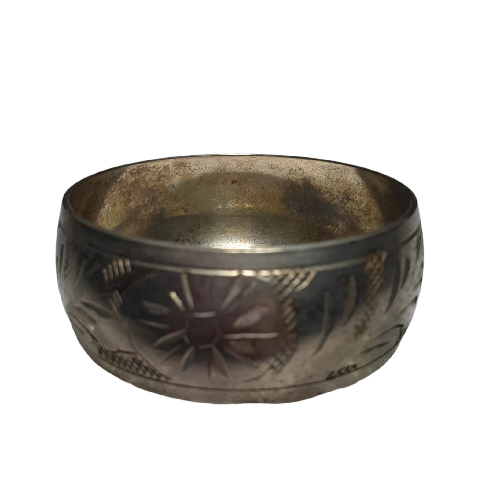 Vintage Etched Wide Bangle Bracelet Silver or Pewter1″ Tarnished