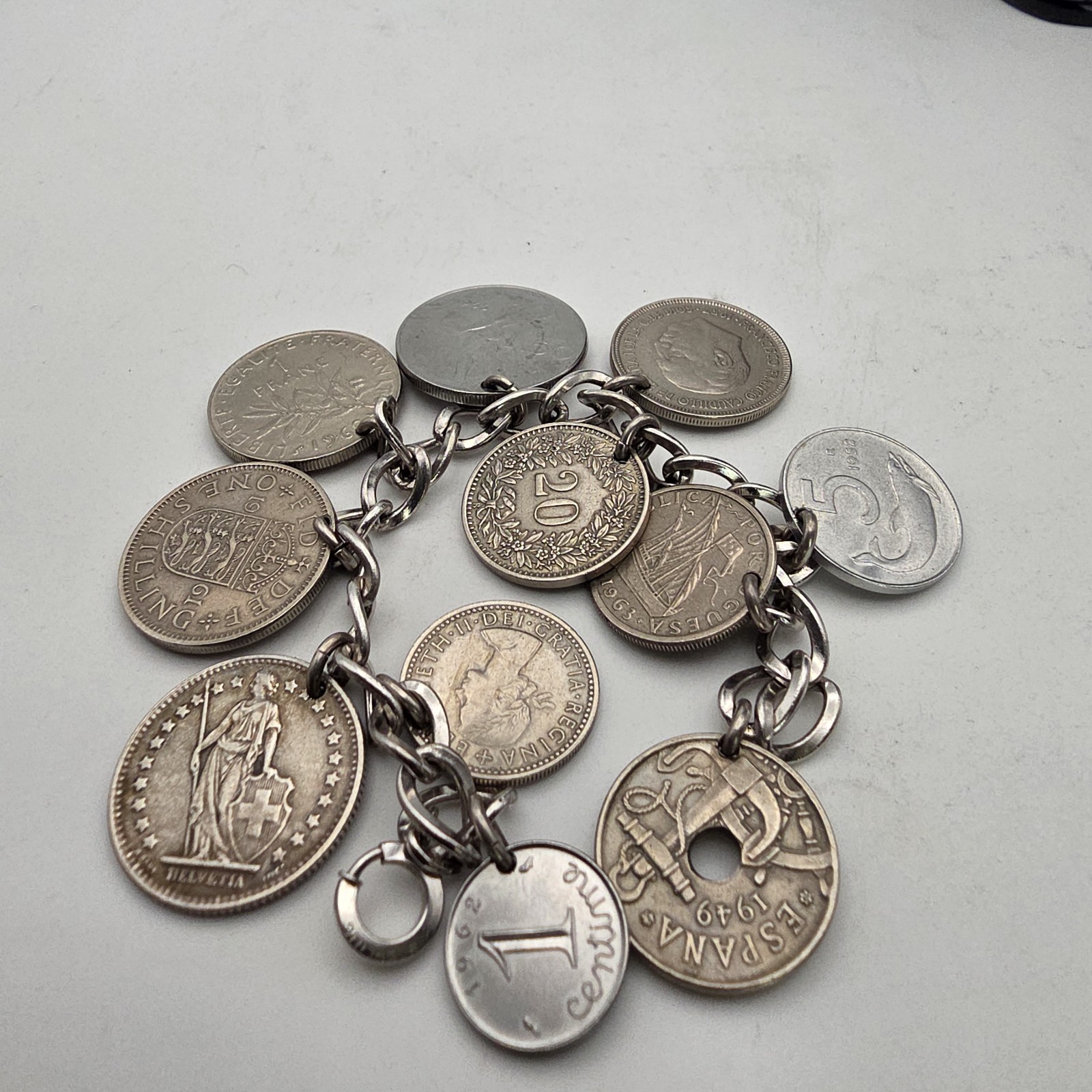 LeStage Sterling Silver Coin Charm Bracelet 58g Mid Century Estate Jewelry Euro