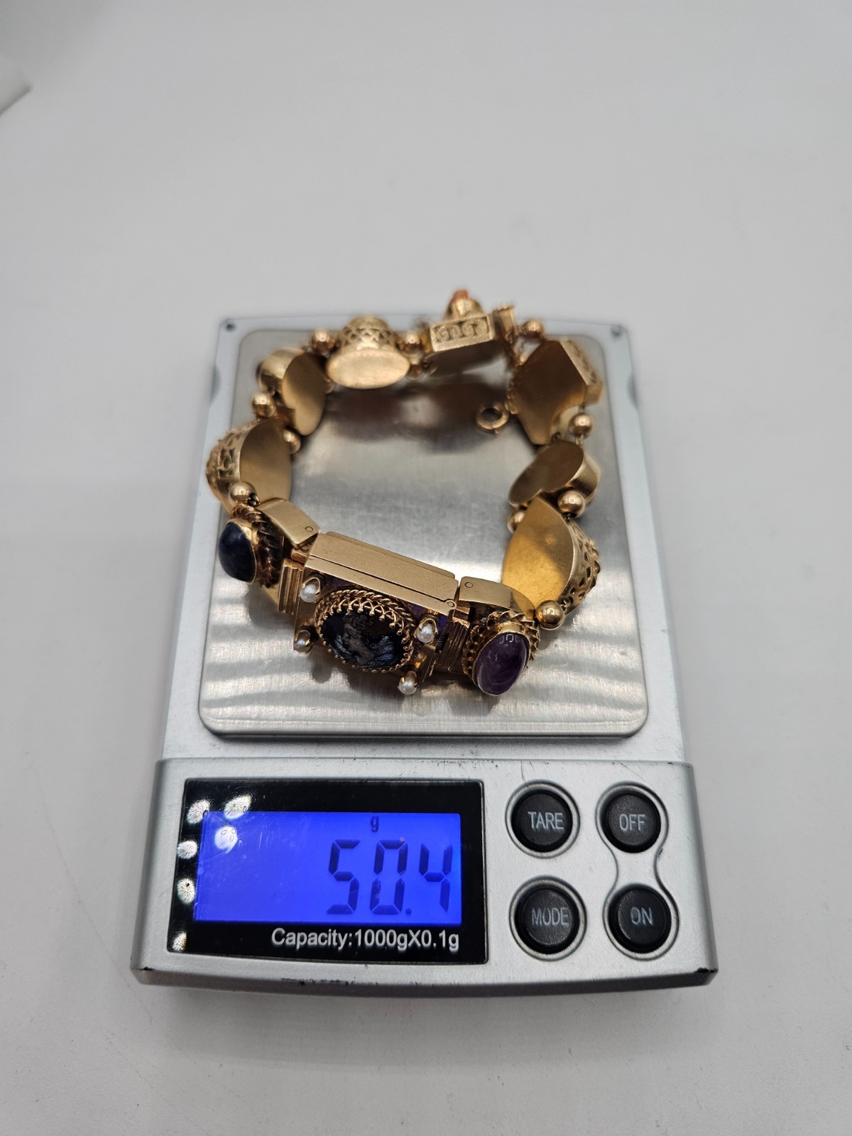 Stunning 14k Yellow Gold Slide Charm Omega Gemstone Bracelet Watch
