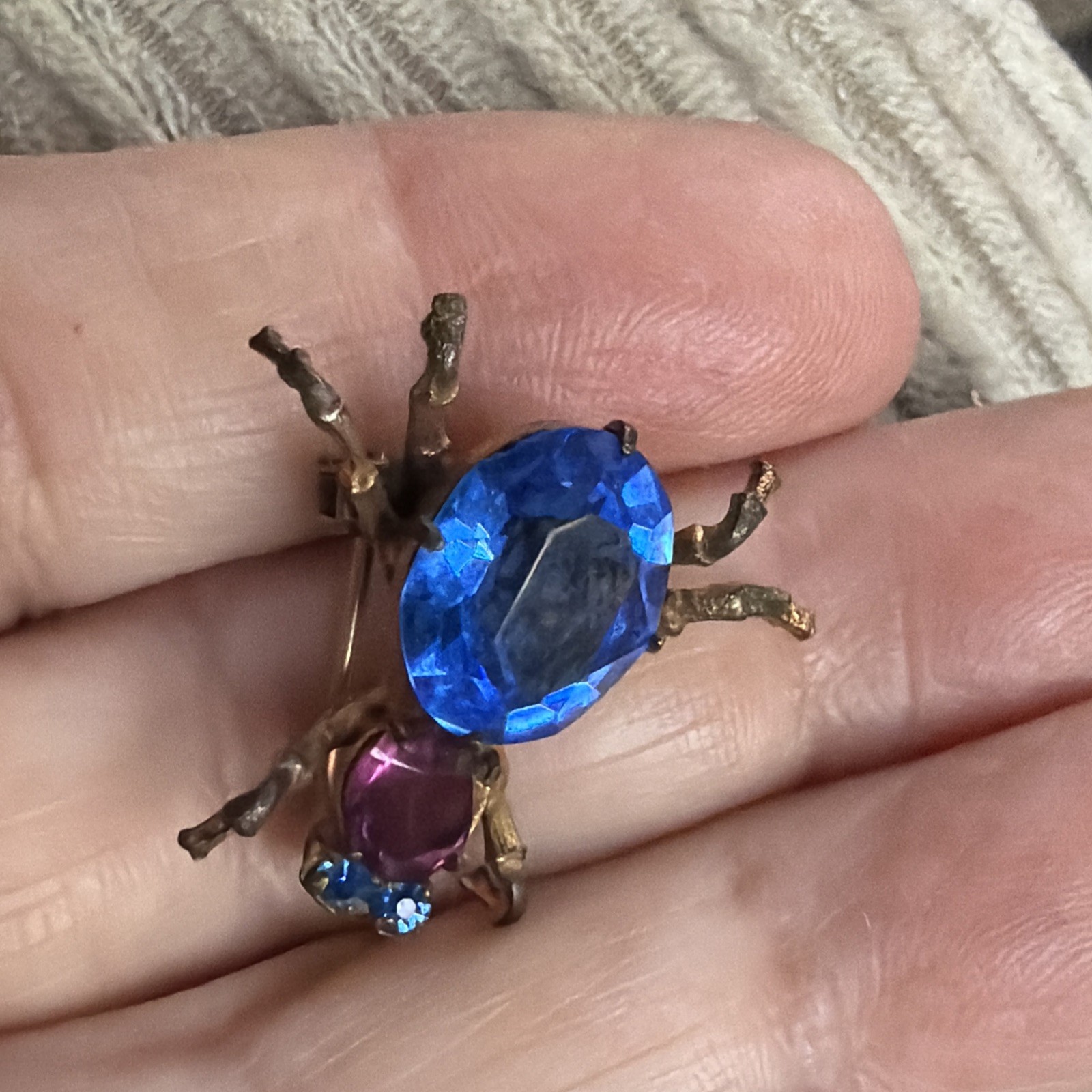 Antique Bug Insect Fly Brooch Pin Cobalt Blue Purple Rhinestones Brass Tones