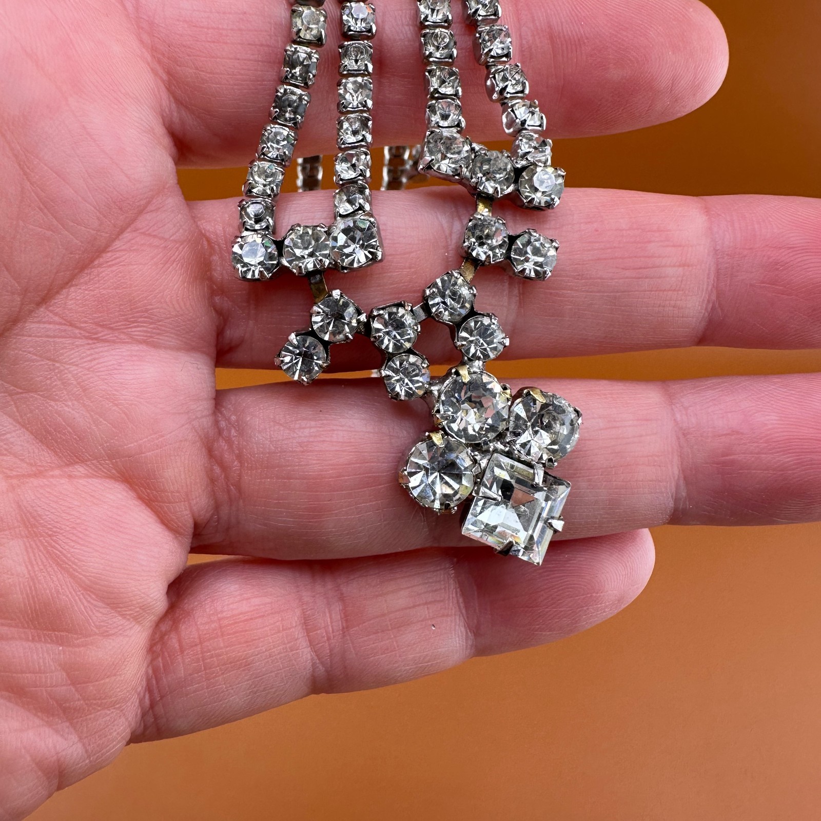 Vintage Rhinestone Festoon Style Necklace Silver Tone Cup Chain Clear Stones