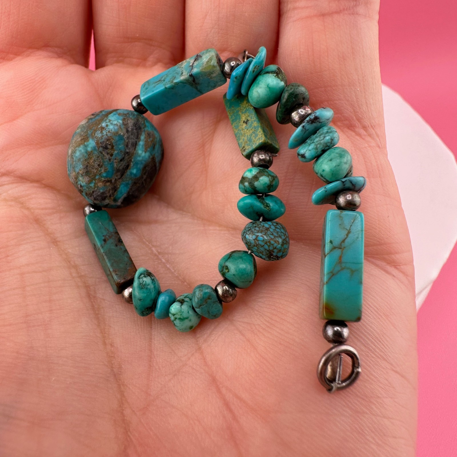 Vintage Turquoise Bead Sterling Silver Bracelet Blue Green South Western 6.25″