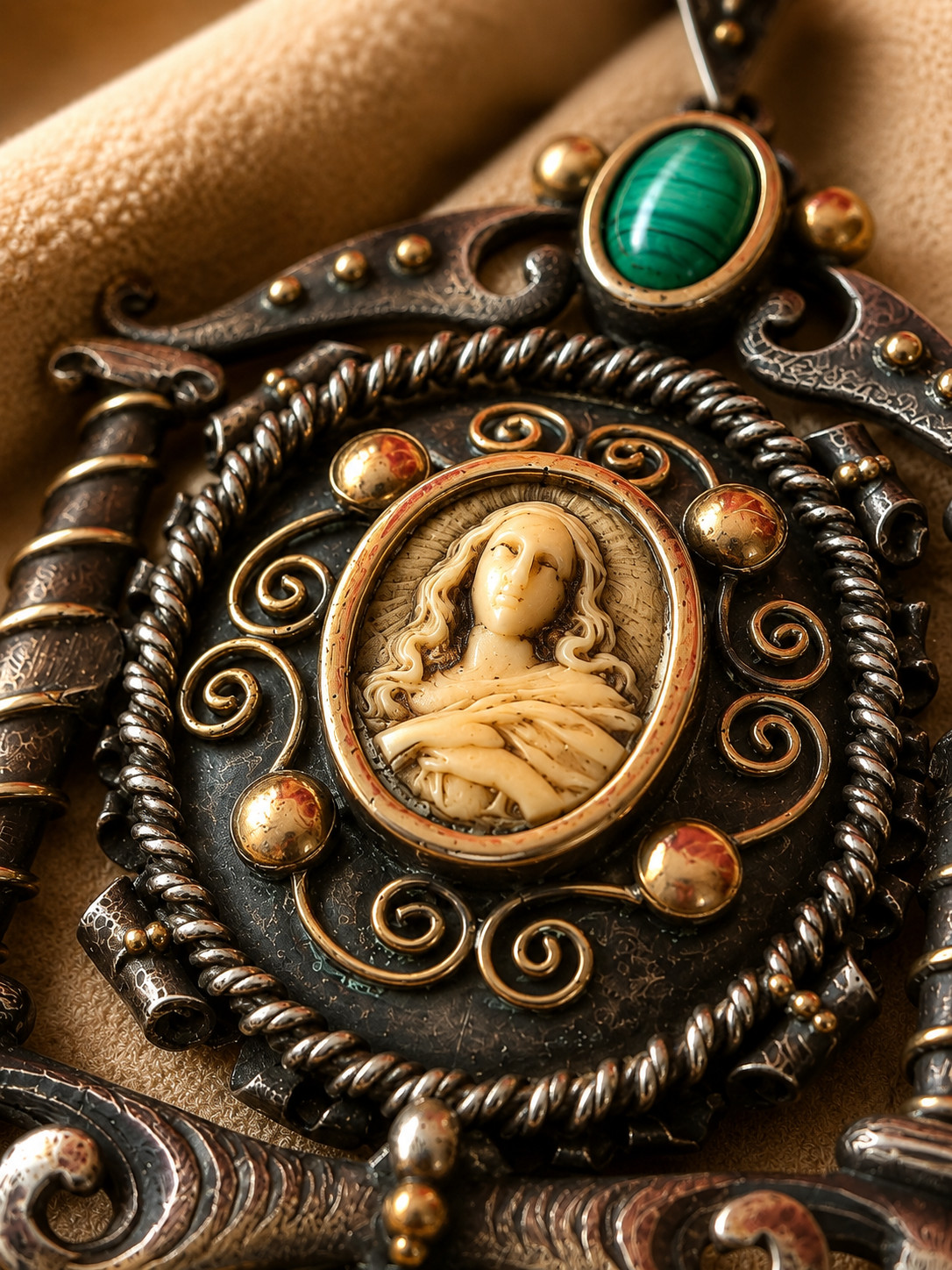 Antique Gold Silver Religious Pendant Virgin Mary Malachite Large Rare