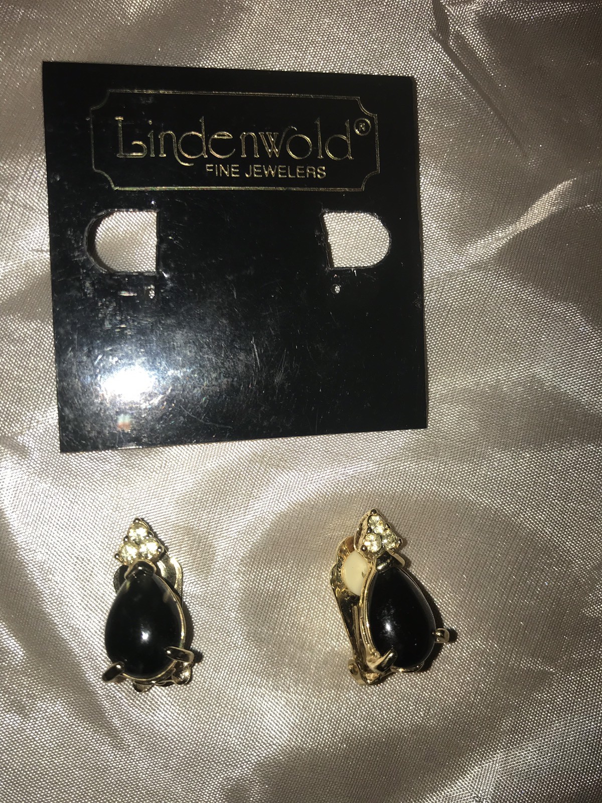 Lindenwold Pear Shape Black Onyx & Swarovski Crystal Clip-on Earrings 14k HGE