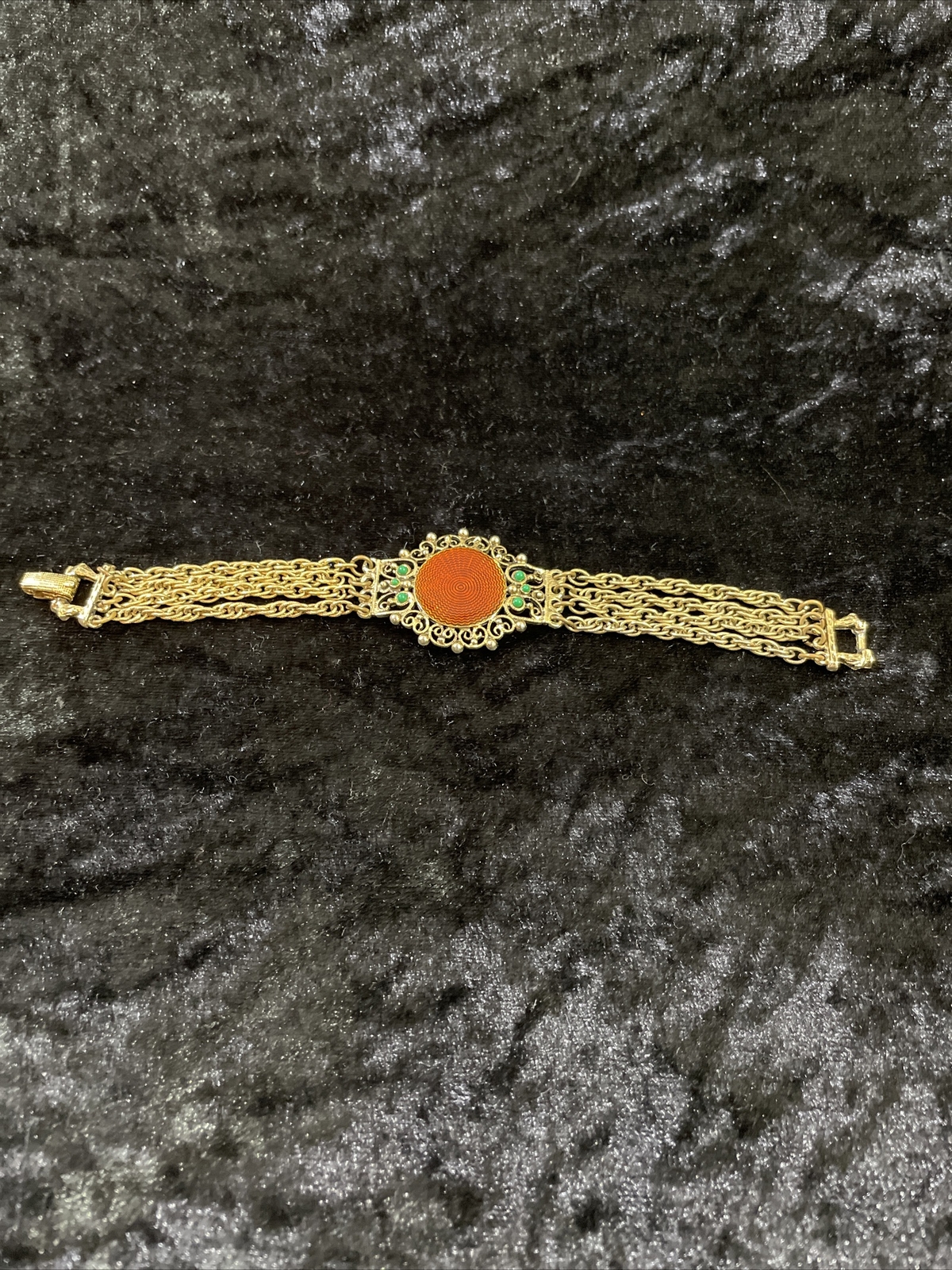 Vintage Orange Enamel & Gold Celtic Knot Chain Bracelet with Small Green Stones