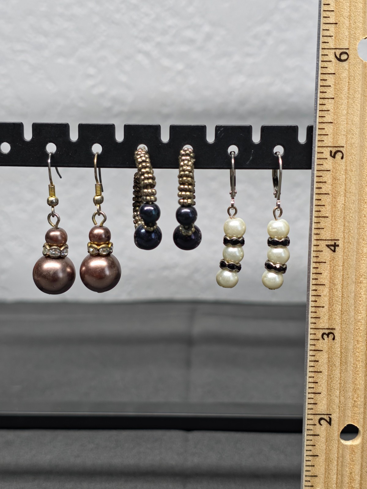 Lot of 3 Vintage Pearl Dangle Earrings Rhinestone Rondelle Hoop Latch Leverback